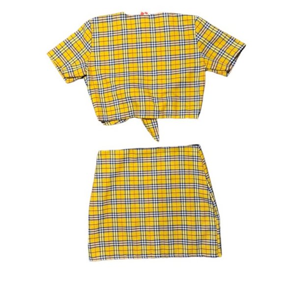 Omighty NWT Yellow Plaid Tie Front Crop Top Mini Skirt Set Size L - Picture 6 of 8